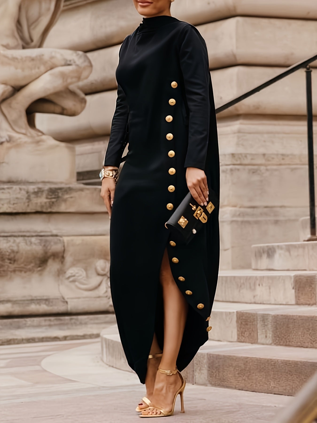 Women's Casual Long Sleeve Loose Maxi Dress - Viscose Smooth Fabric, 260g/m² Micro Elasticity | Asymmetric Buttoned Split-Joint Design | High Neck & Split-Side Detail