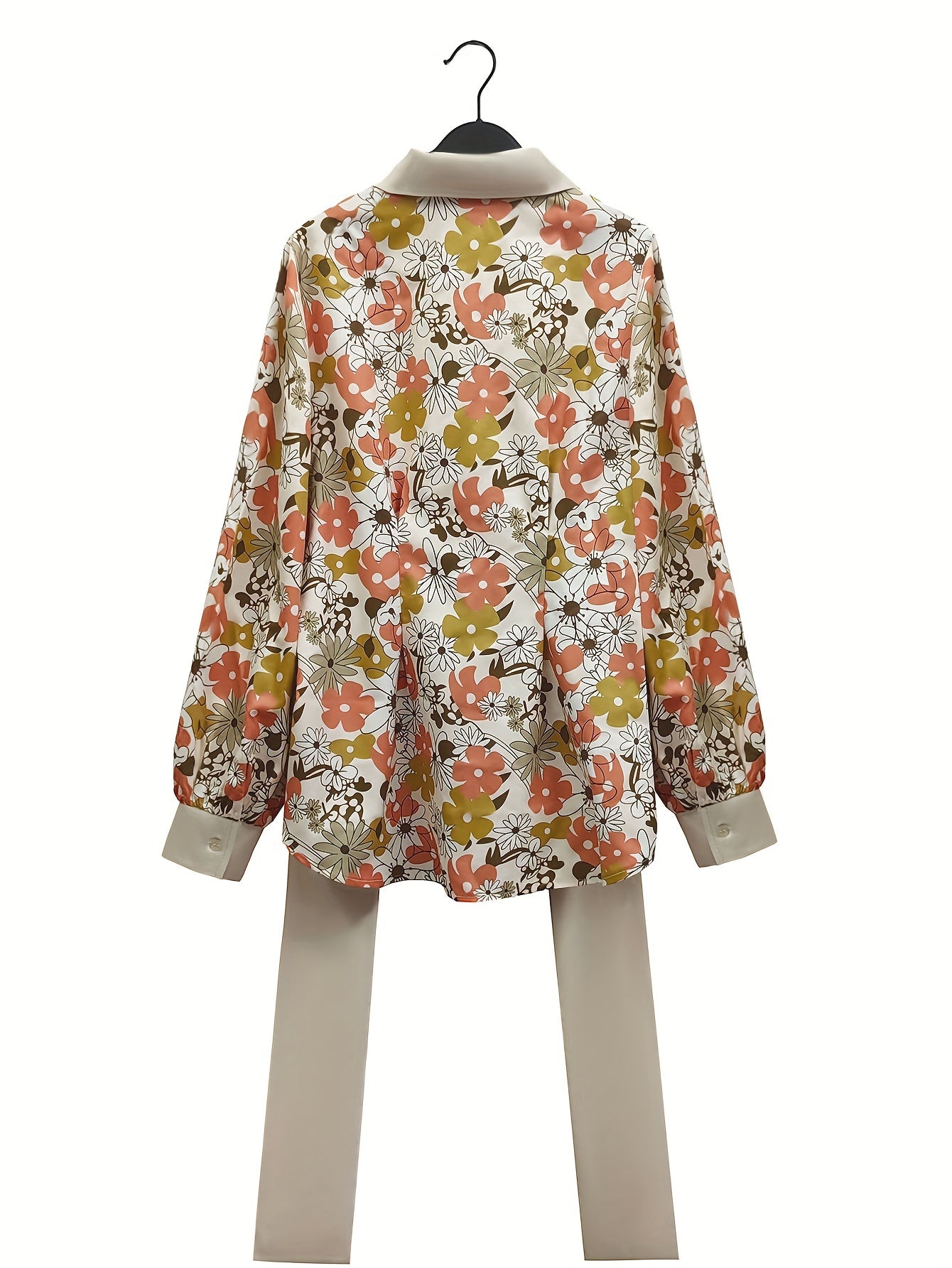 Plus Size Floral Print Button Front Shirt, Elegant Long Sleeve Tie Waist Shirt For Spring & Fall, Women's Plus Size Clothing
