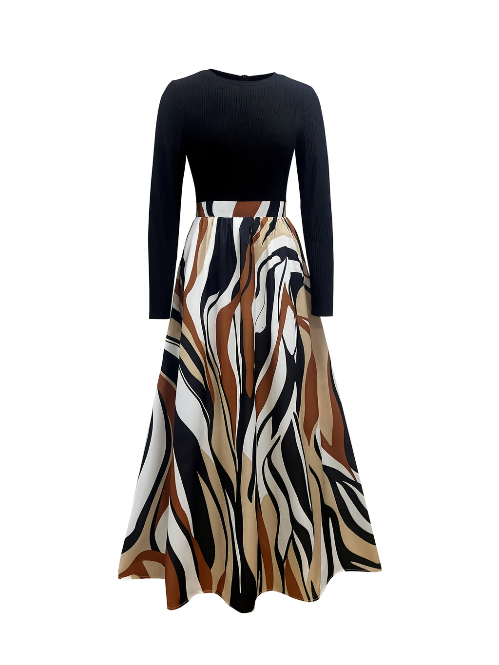 Women's Casual A-Line Dress with Geometric Print & Elastic Waistband - Long Sleeve Round Neck Machine Washable Spring/Fall Dress in Black/Beige/Brown/White, Long Sleeve Maxi Dress, Spring Fashion, Flowing Skirt, Patterned Out