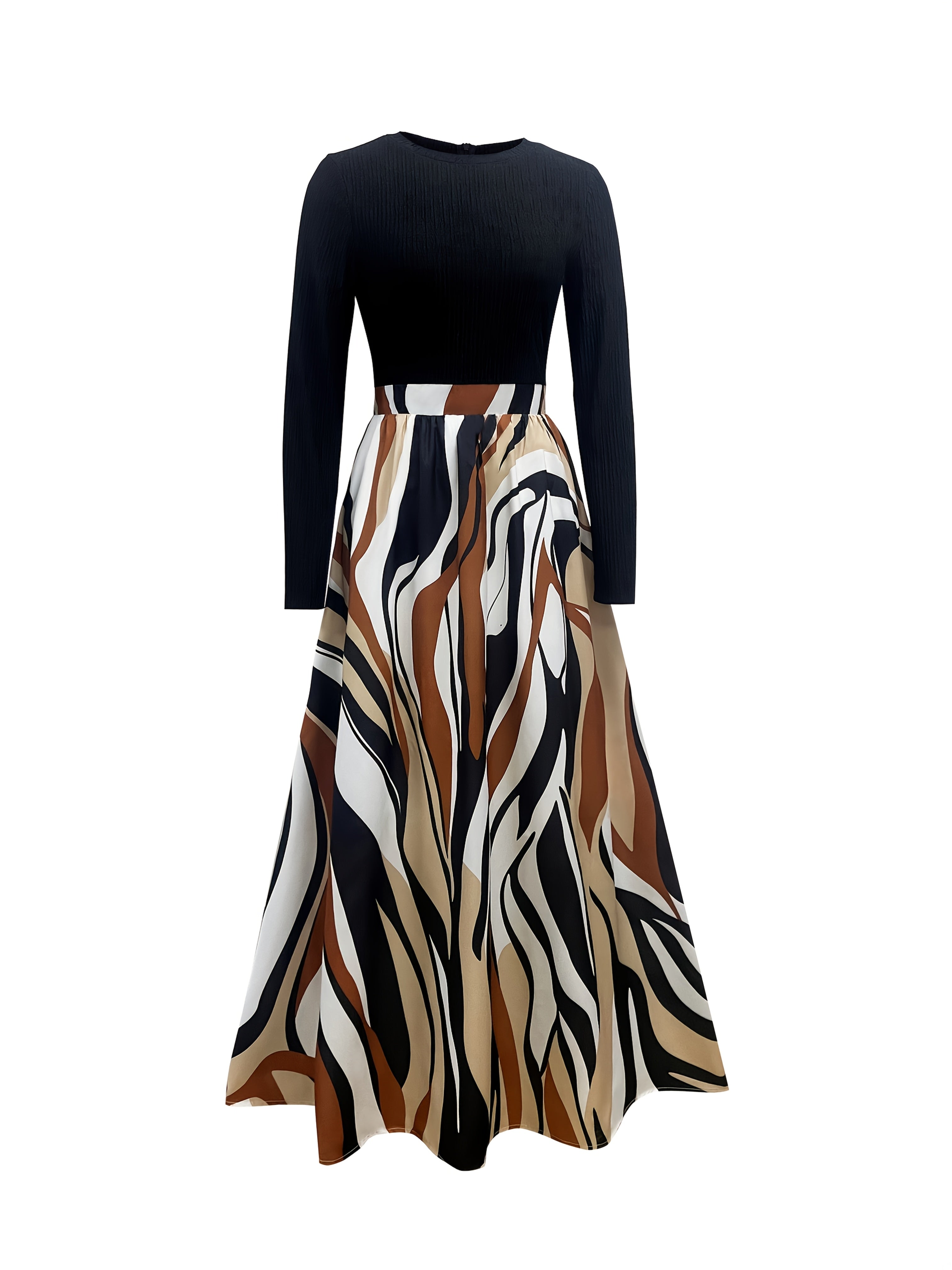 Women's Casual A-Line Dress with Geometric Print & Elastic Waistband - Long Sleeve Round Neck Machine Washable Spring/Fall Dress in Black/Beige/Brown/White, Long Sleeve Maxi Dress, Spring Fashion, Flowing Skirt, Patterned Out
