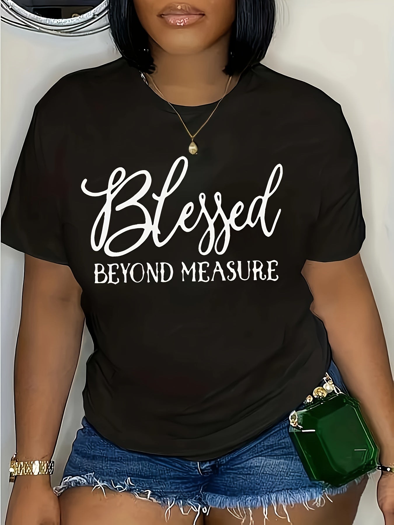 Plus Size Blessed Letter Print T-shirt, Short Sleeve Crew Neck Casual Top For Summer & Spring, Women's Plus Size Clothing