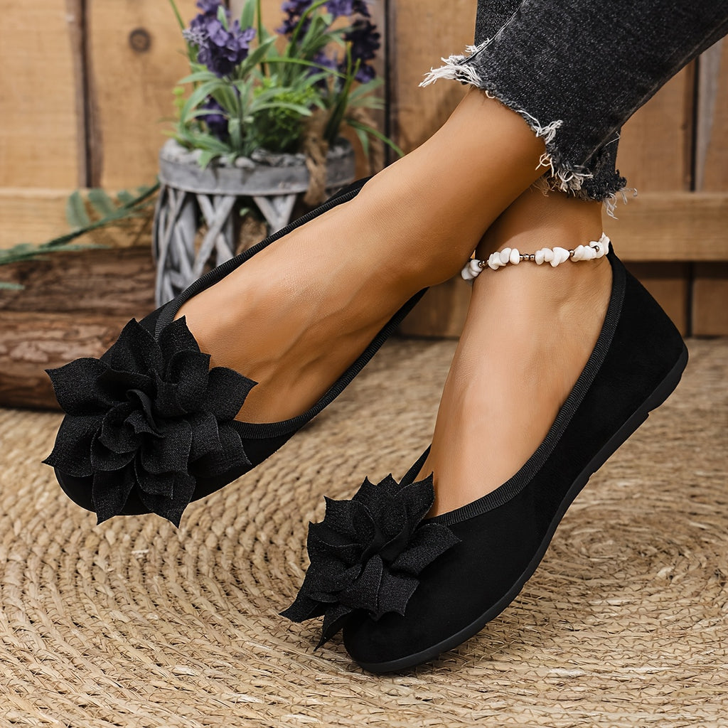 Elegant Women's Black Flats with Floral Accent - Casual Slip-On Mary Jane Style, Lightweight Canvas Upper & Faux Cover Insole, Versatile All-Season Footwear, Ladies Shoes Wide Width
