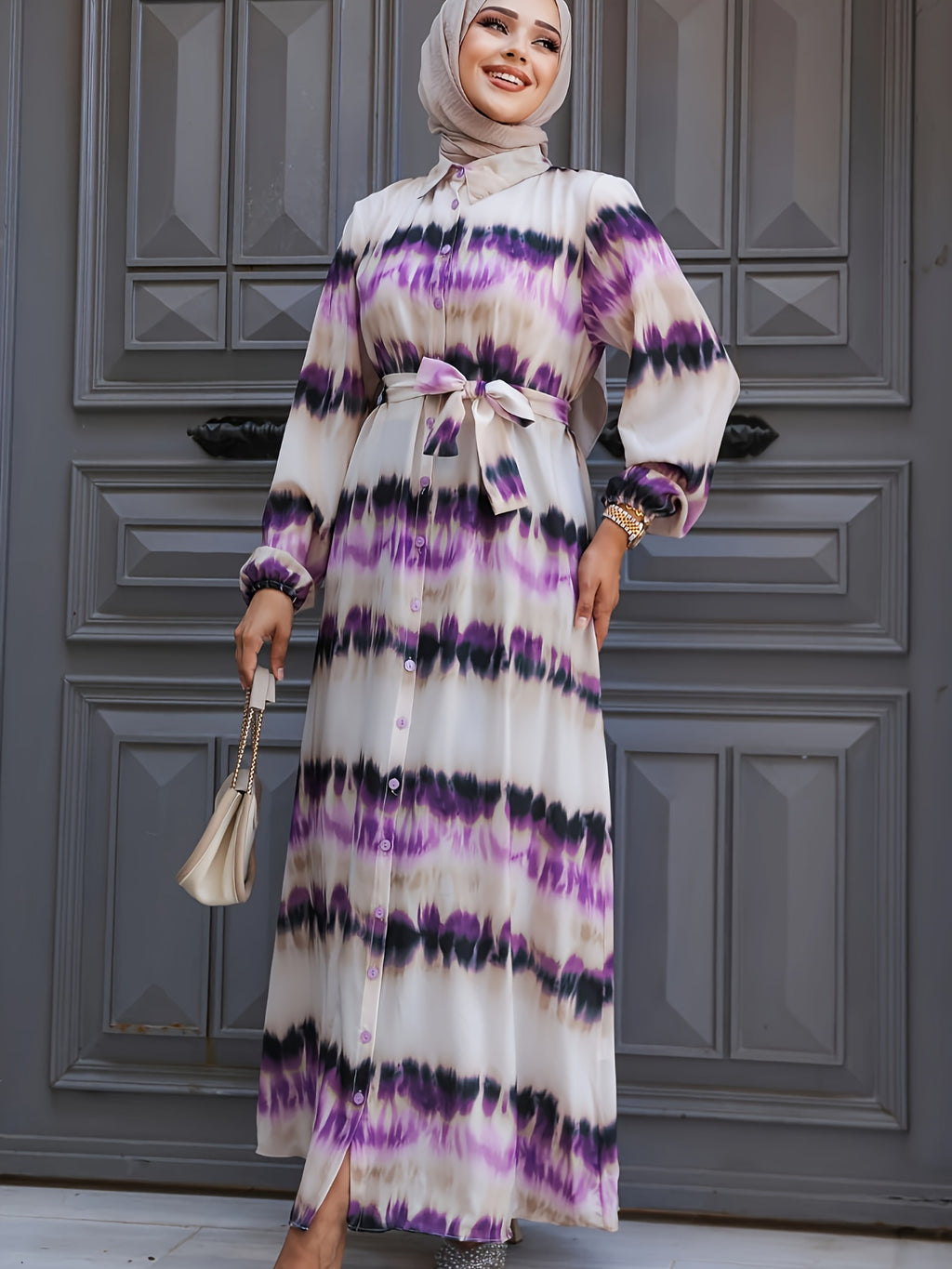1pc Elegant Printed Polyester Dress with and Tie Waist, Long Sleeve A-Line Maxi Dress for Women, Spring/Autumn Fashion