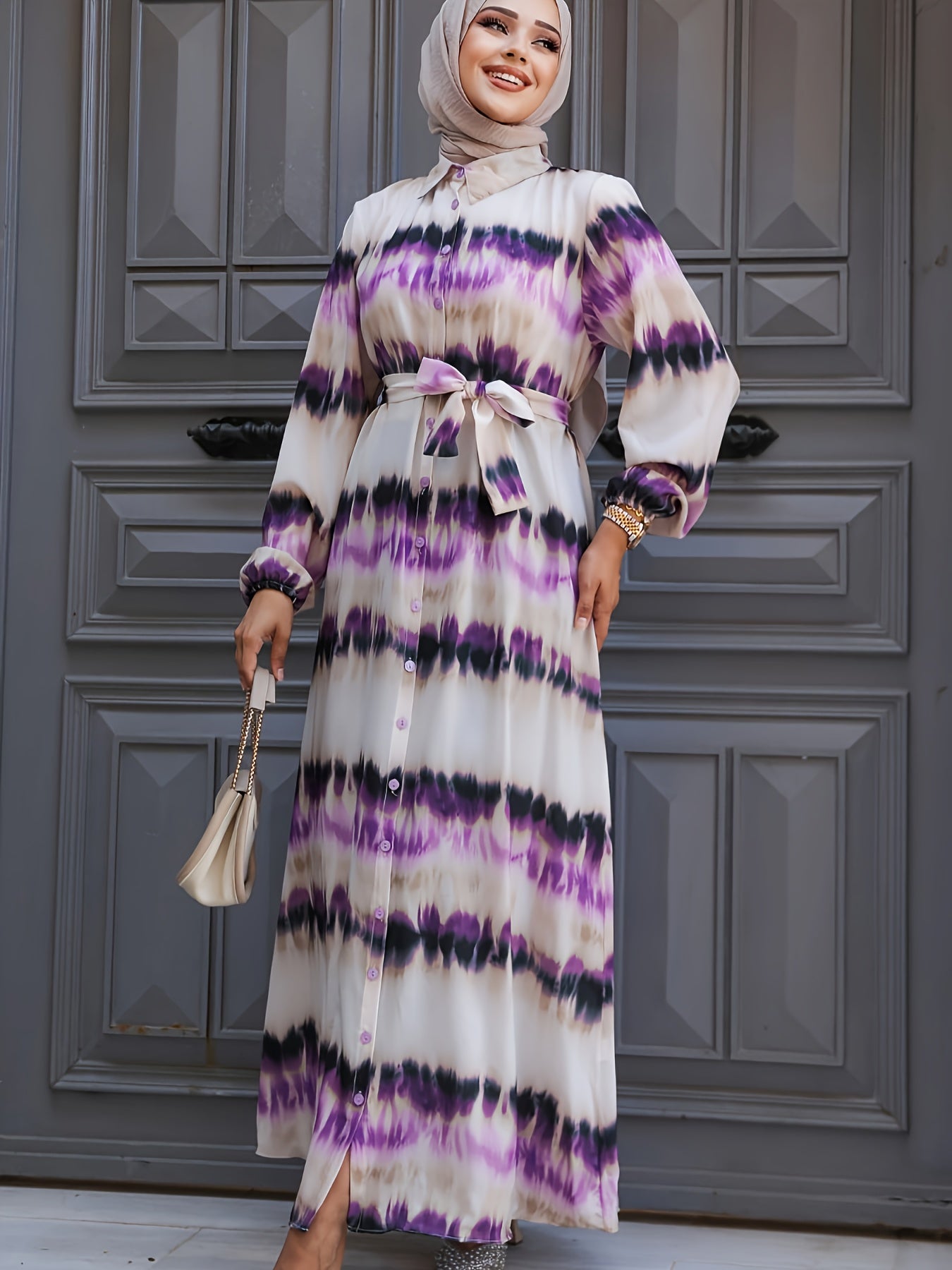 1pc Elegant Printed Polyester Dress with and Tie Waist, Long Sleeve A-Line Maxi Dress for Women, Spring/Autumn Fashion