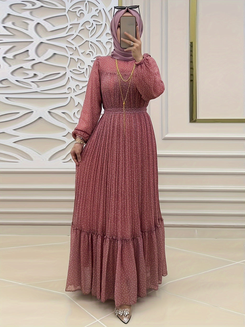 Stunning Polka Dot Maxi Dress - Elegant Crew Neck, Long Sleeve, Ruffle Hem, Keyhole Back, Modest, Polyester, Woven, Random Print, Middle East Style, All Seasons, Non-Sheer