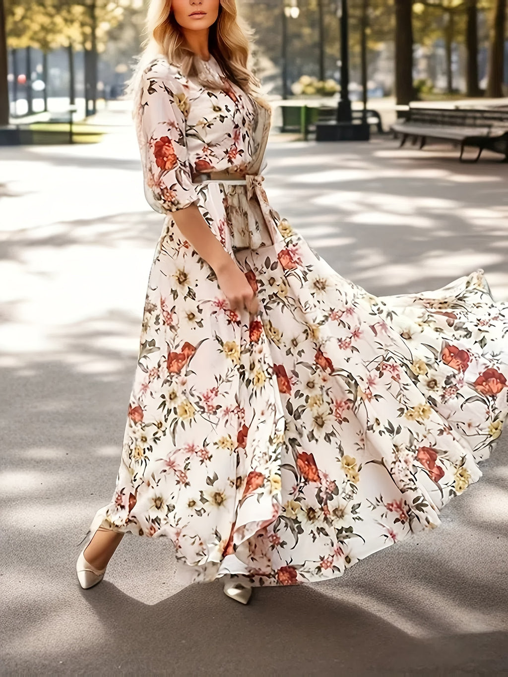 Elegant Women's Floral Print Maxi Dress with Swing Hem, 3/4 Sleeve, Polyester, Round Neck, Woven, All-Season, Middle East Specialty Collection - Adult