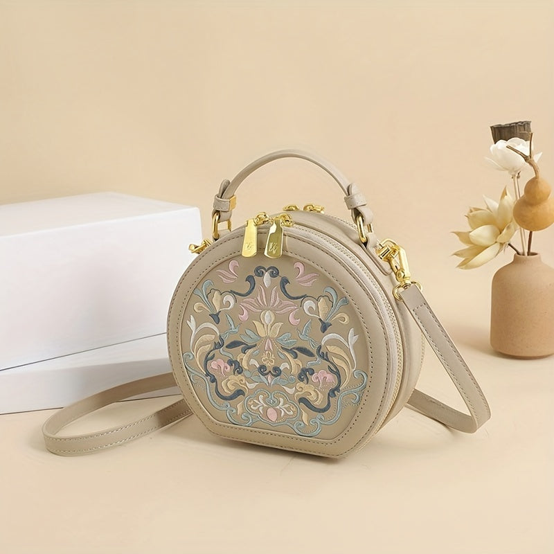 Elegant Floral Embroidered Crossbody Bag - Chic Faux Leather Shoulder Purse with Golden-Tone Hardware, Zip Closure, and Polyester Lining - Handwash/Dry Clean, Multicolor