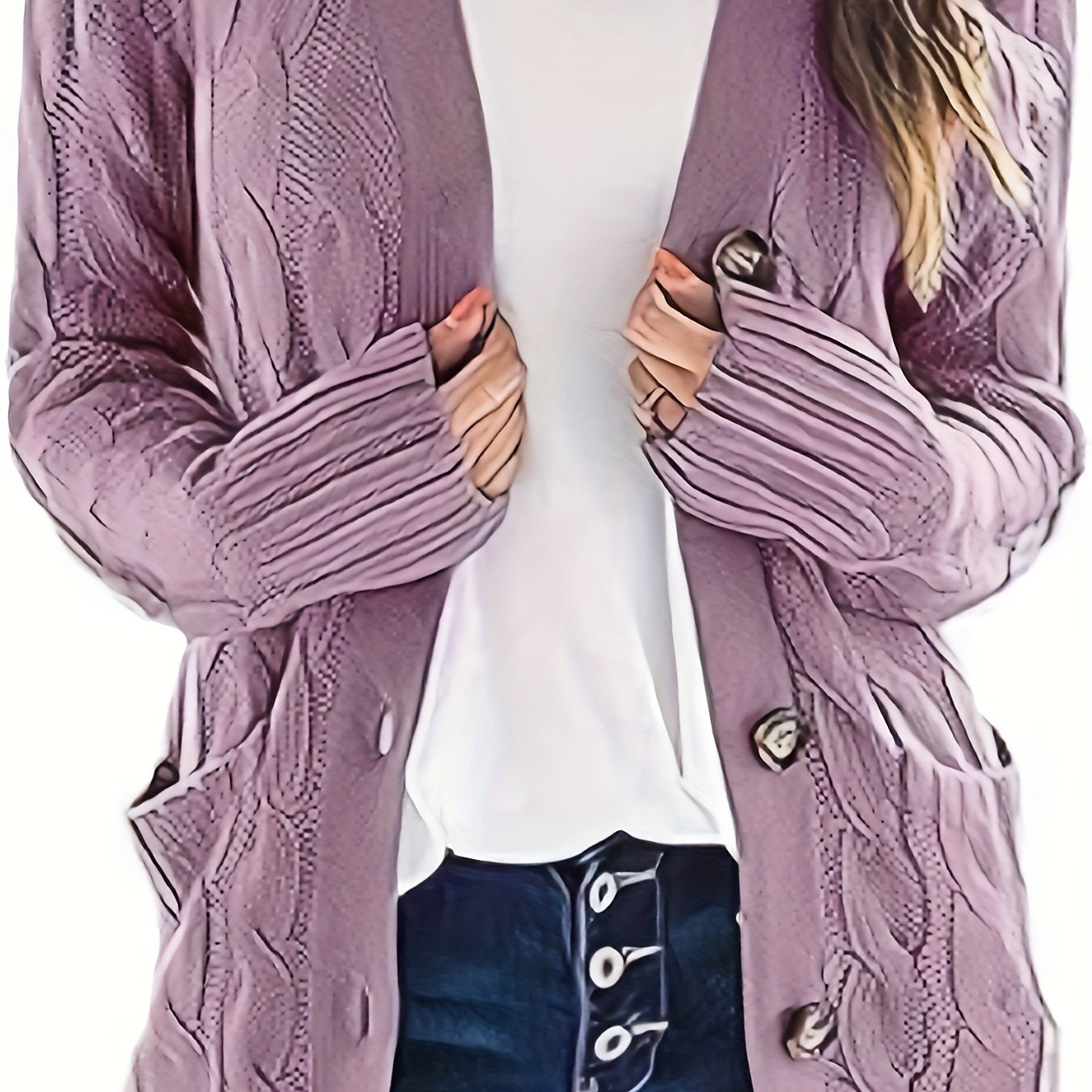 Plus Size Side Pockets Button Front Cardigans, Casual V Neck Solid Color Long Sleeve Cable Knit Cardigans Top For Winter & Fall, Women's Plus Size Clothing
