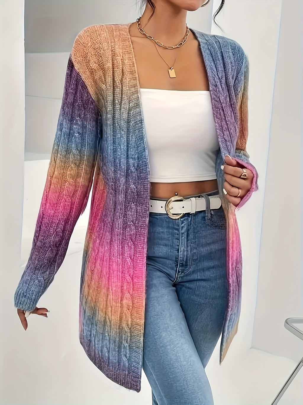 Plus Size Ombre Color Cable Knitted Cardigan, Casual Open Front Long Sleeve Cardigan For Fall & Winter, Women's Plus Size Clothing