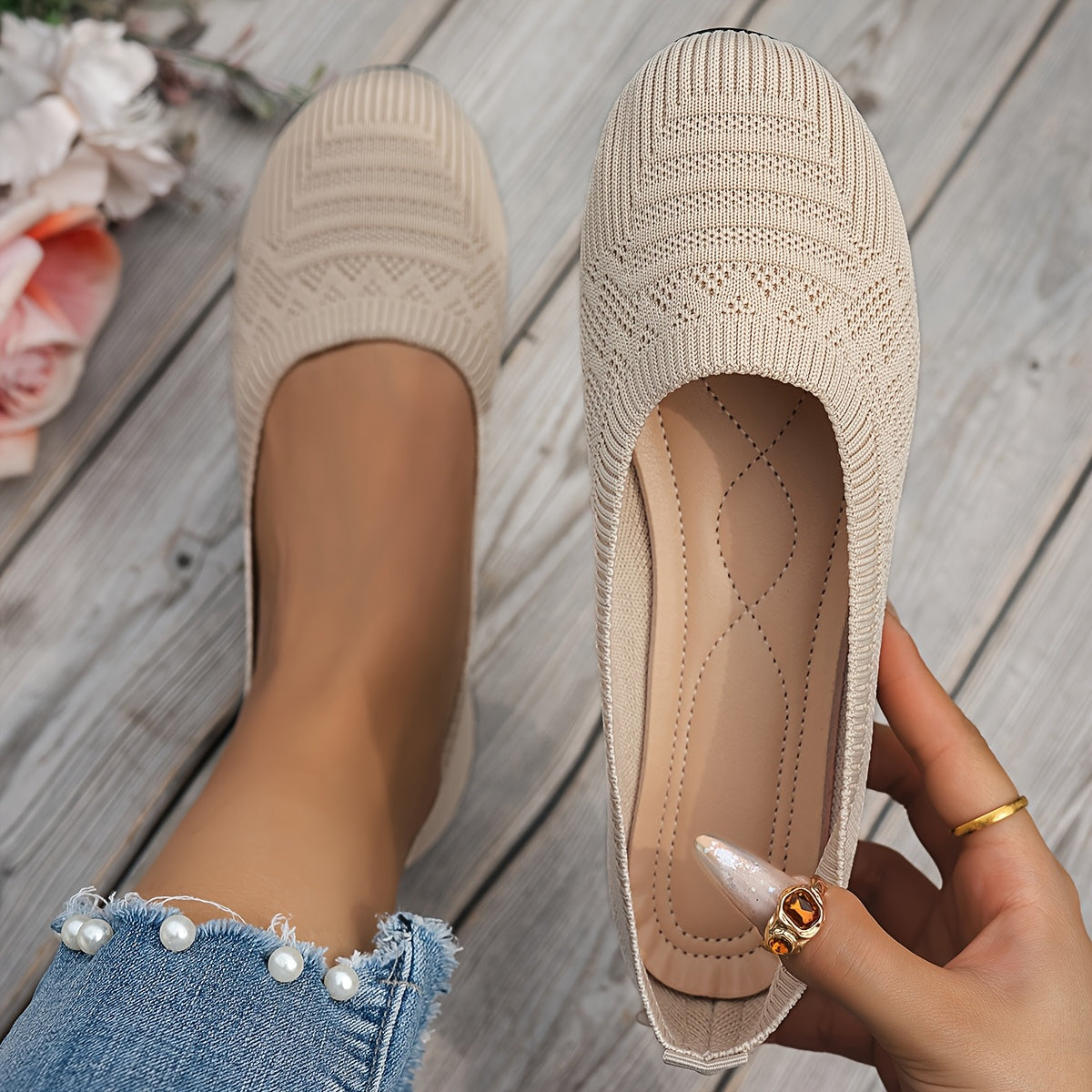 Women'S Light Blue Knit Slip-On Flats with Ankle Strap - Round Toe Casual Shoes, Comfortable Fabric Upper & Synthetic Cover Lining, All-Season Versatile for Casual Attire, Ladies Shoes