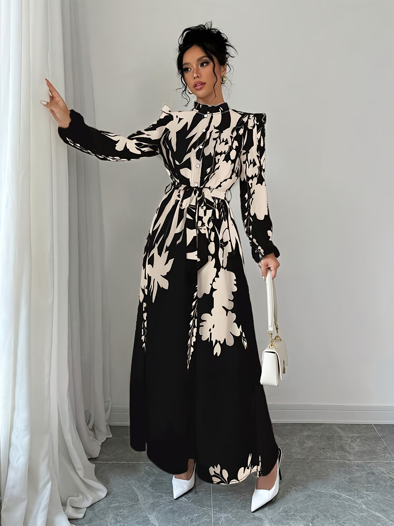 Elegant Floral Print Long Sleeve Dress with Stand Collar and Waist Detail, Polyester A-Line Maxi Dress, with Lantern Sleeves and Ruffle Hem, for Spring/Fall