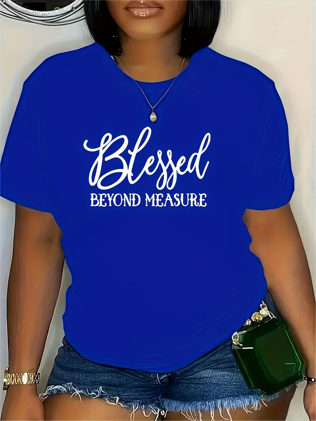 Plus Size Blessed Print T-shirt, Casual Short Sleeve Crew Neck Top For Spring & Summer, Women's Plus Size Clothing