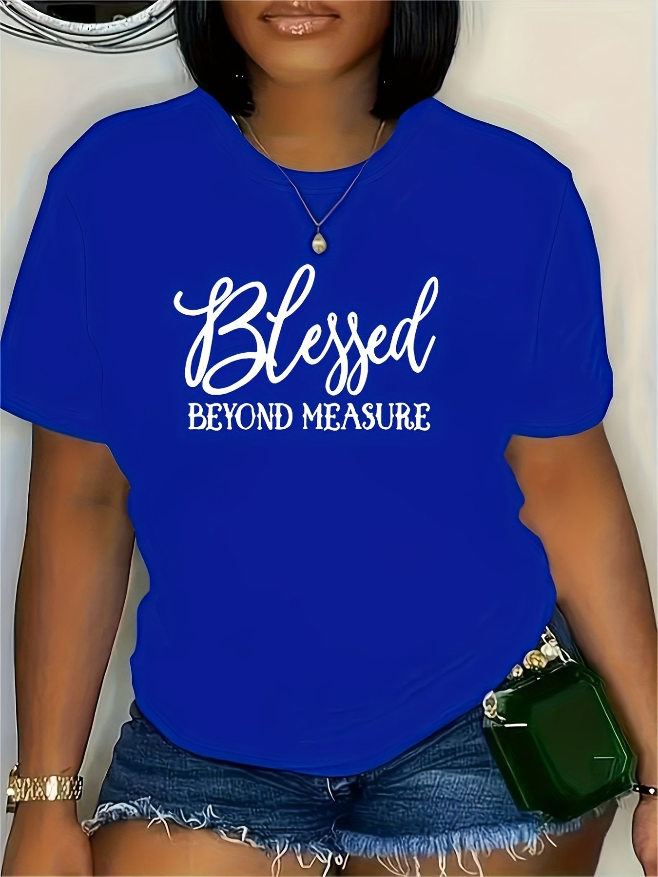 Plus Size Blessed Print T-shirt, Casual Short Sleeve Crew Neck Top For Spring & Summer, Women's Plus Size Clothing