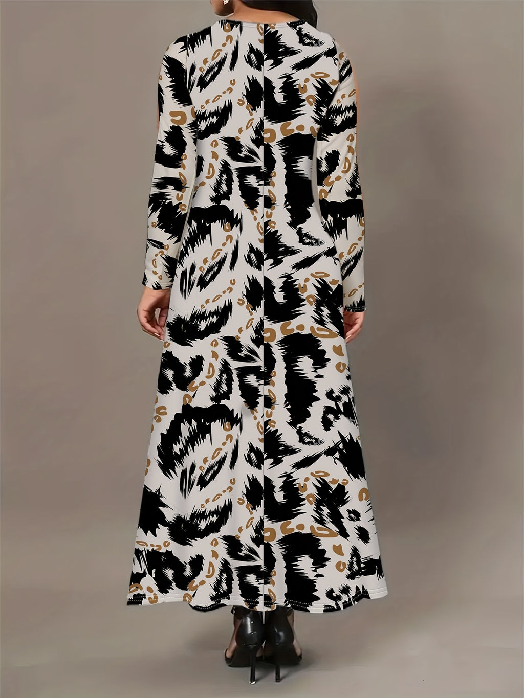 Stylish Women's Long Sleeve Maxi Dress with Pockets - Elegant Leopard Print, Crew Neck, Stretchy Polyester Blend for Fall/Winter