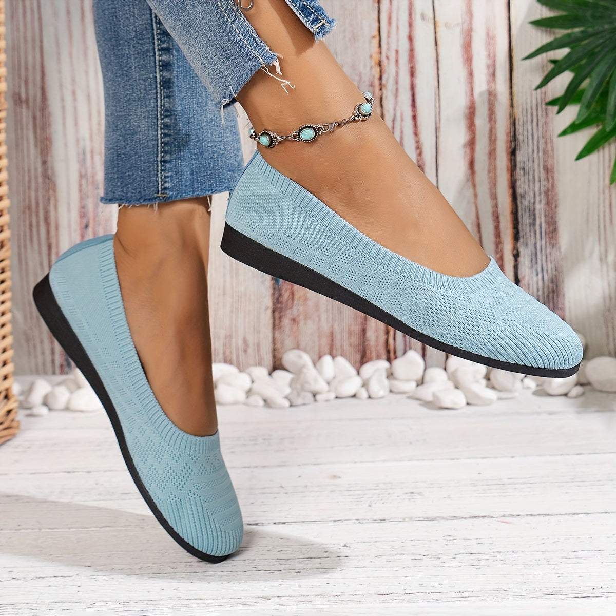 Women'S Light Blue Knit Slip-On Flats with Ankle Strap - Round Toe Casual Shoes, Comfortable Fabric Upper & Synthetic Cover Lining, All-Season Versatile for Casual Attire, Ladies Shoes