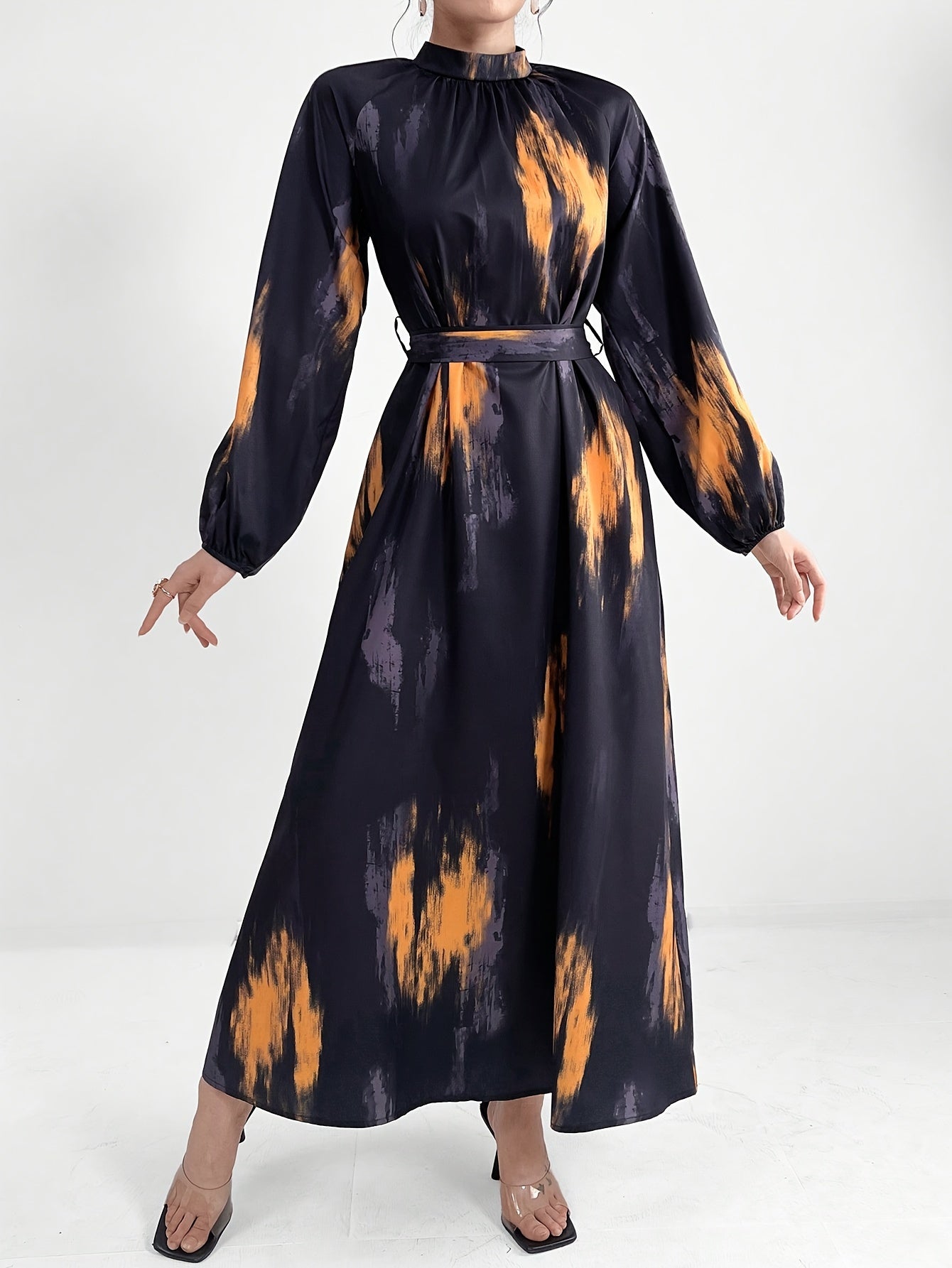 Women's Long Sleeve Geometric Print Maxi Dress with Belt - Polyester, Machine Washable, Long Length, Round Neck, All-Season Wear