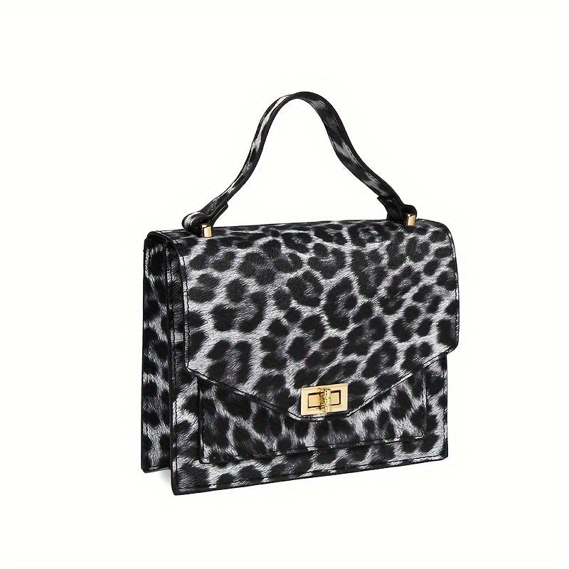 Leopard Print Handbag, Vintage Square Clutch Purse, Women's PU Leather Satchel Bag For Prom