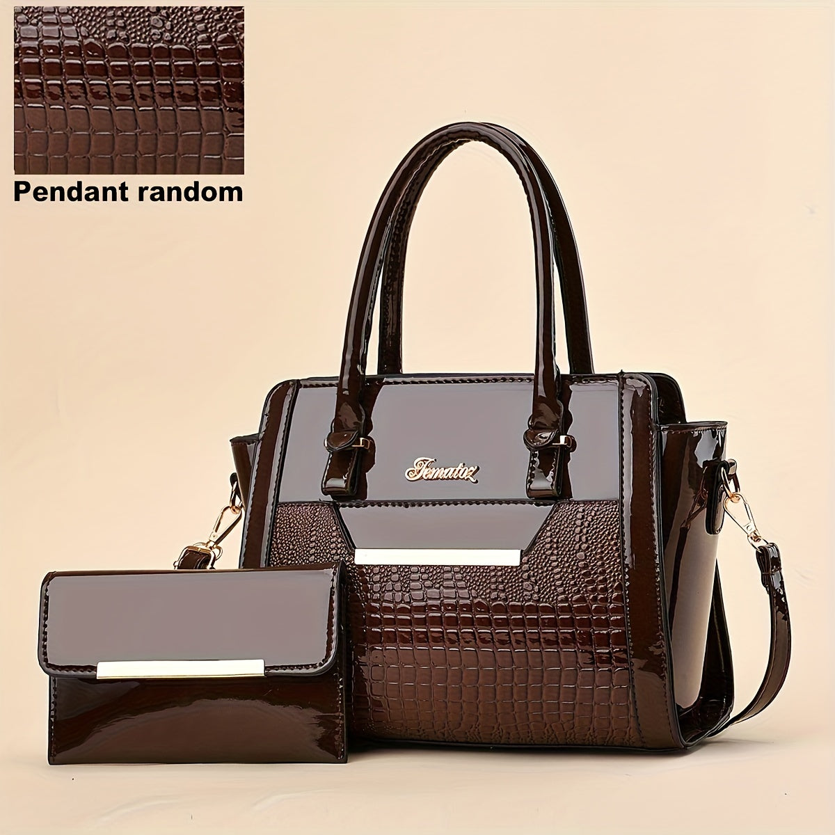 2Pcs Stylish Crocodile Print Womens Bag Set - Fashion Tote & Coin Purse - Solid Colors, Multi-layer Design for Organized Commuting