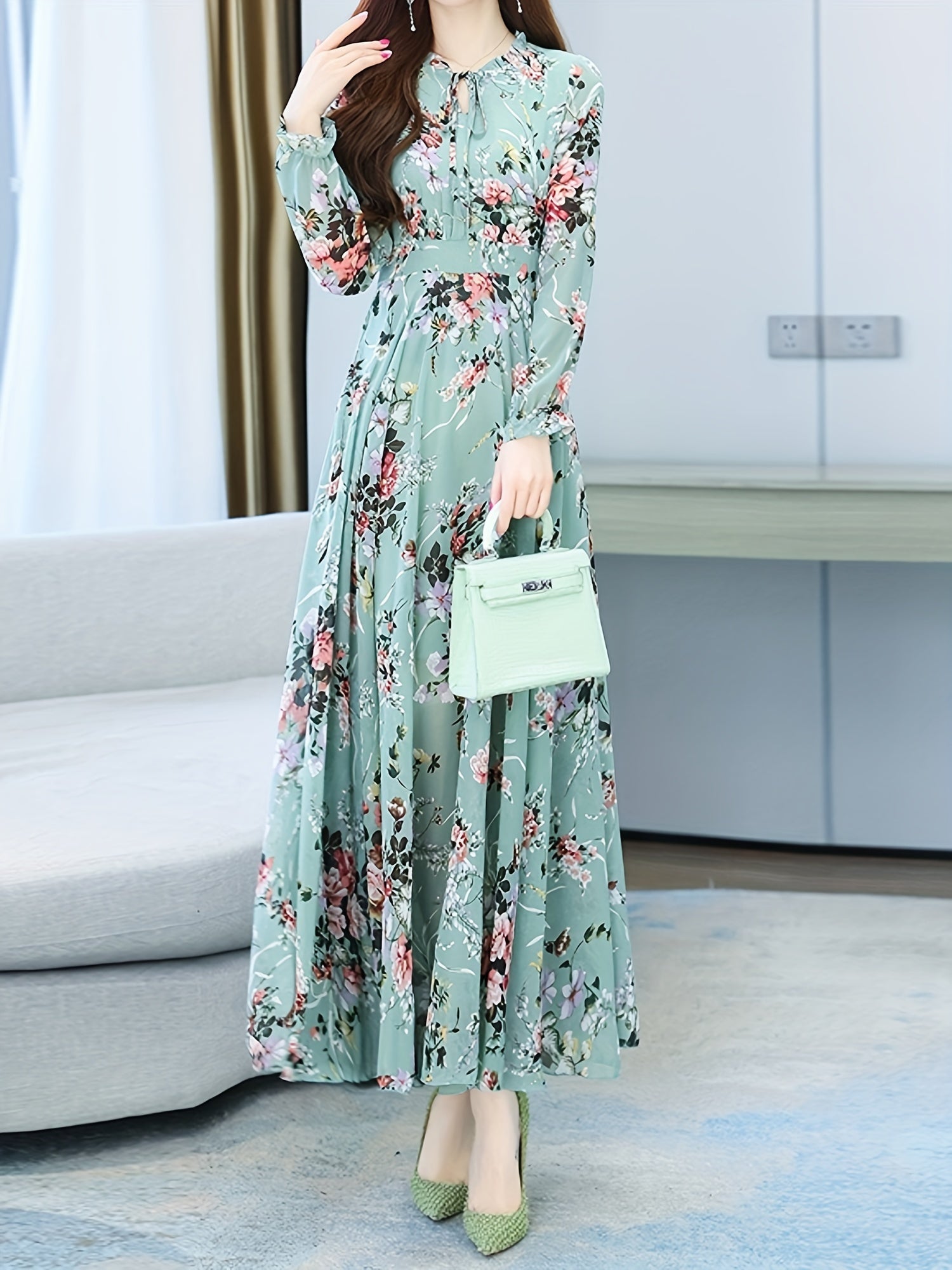 Elegant Floral Maxi Dress for Women - Vintage Long Sleeve, Bohemian Beach Party Gown with V-Neck, Non-Sheer Polyester - For Women - Perfect for Summer Parties, Beach Vacations & Festivals - Ideal Gift for Her