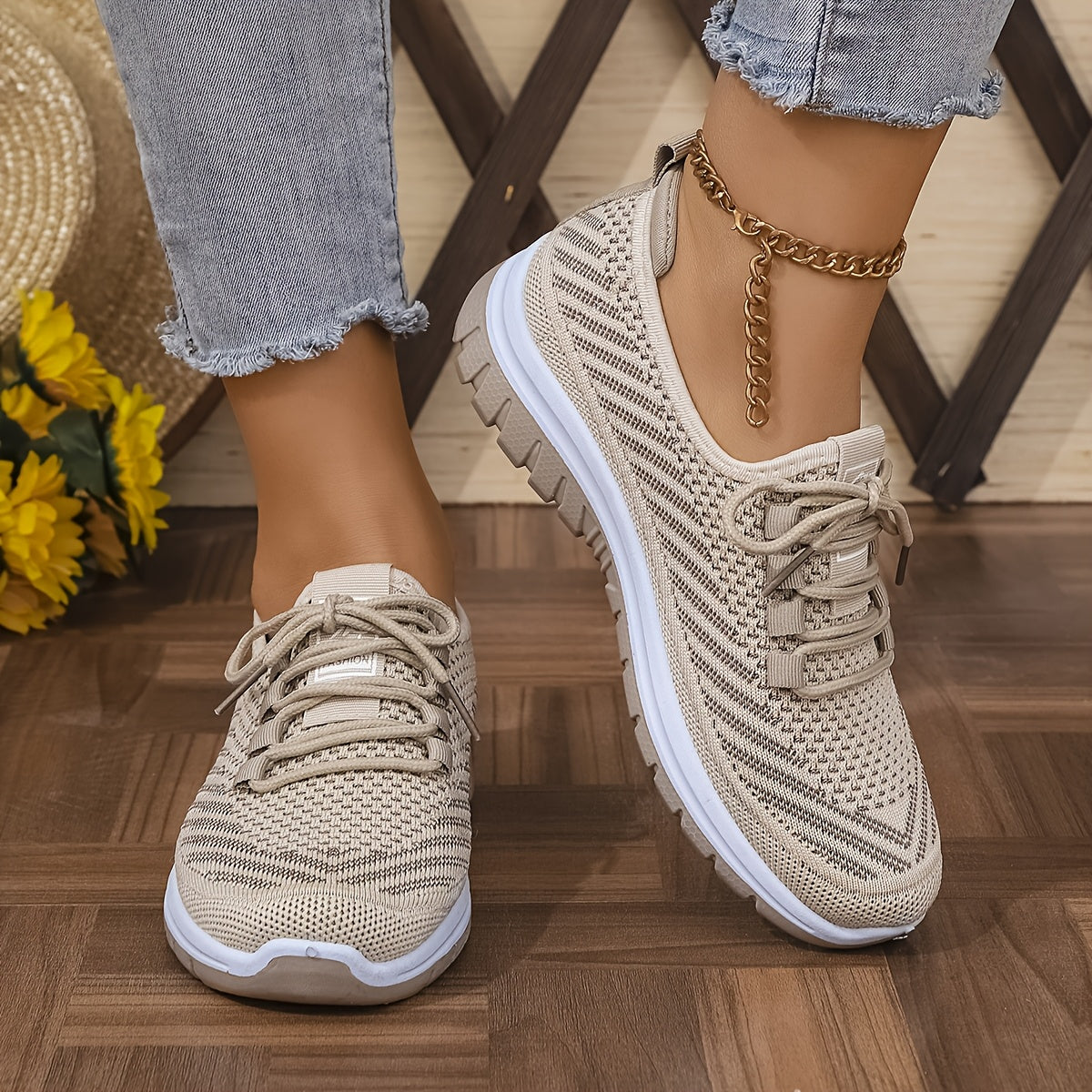 Women'S Breathable Casual Sports Shoes, Knitted Striped Pattern Lace-Up Comfortable Travel Sneakers, Outdoor Anti-Slip Lightweight Walking Beach Vacation Tennis Shoes, Women'S Sneaker, High Cut Shoe Without Lace, Aerobics Dan