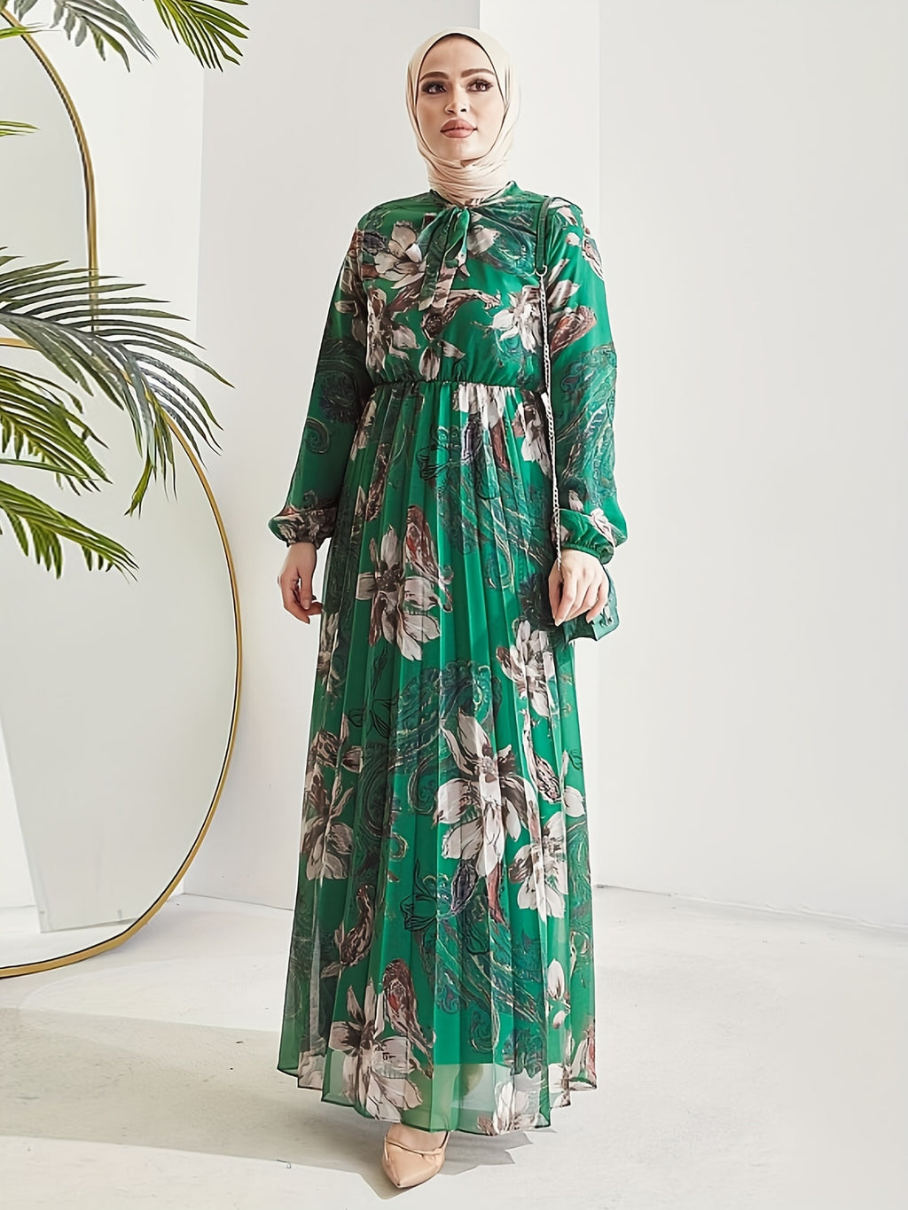 [Modest Kaftan Dress] Modest Long Sleeve Floral Print Kaftan Dress | Women's Pleated Flowy Maxi Dress, Clothing