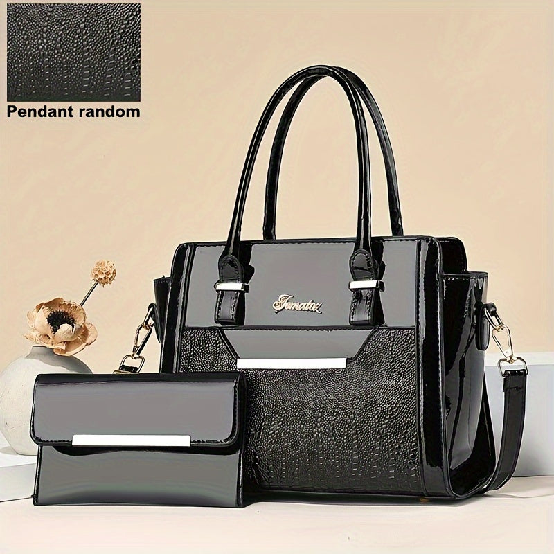 2Pcs Stylish Crocodile Print Womens Bag Set - Fashion Tote & Coin Purse - Solid Colors, Multi-layer Design for Organized Commuting