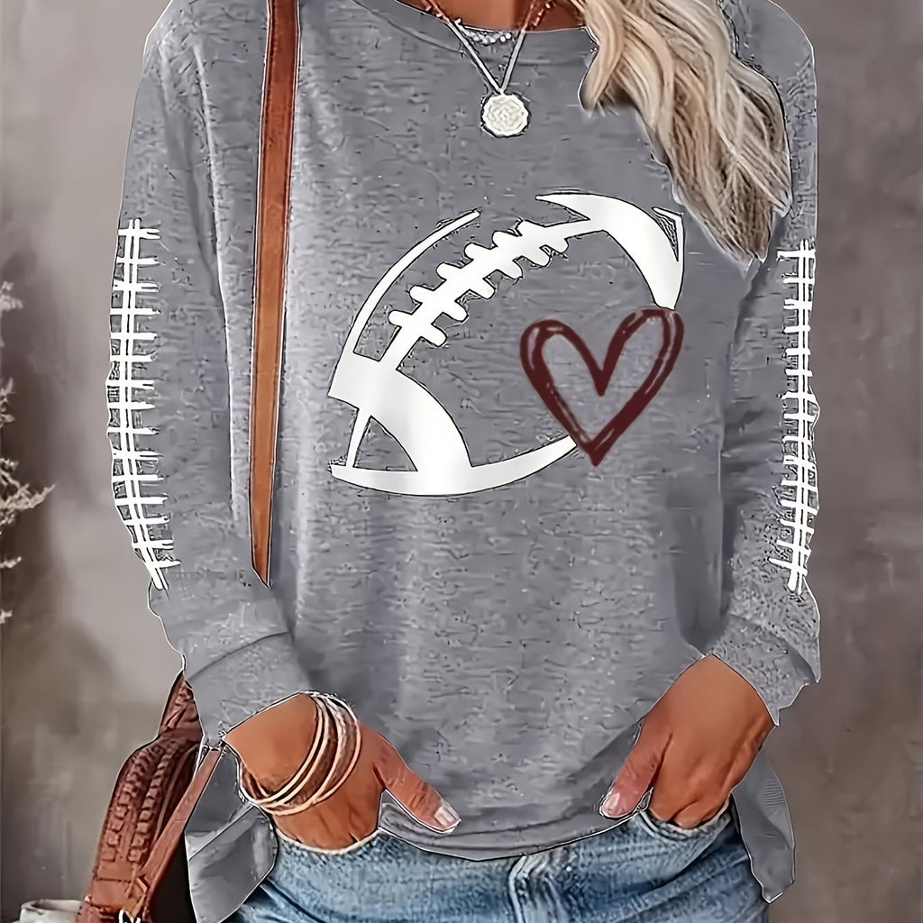 Plus Size Football Print Crew Neck T-shirt, Casual Long Sleeve Top For Spring & Fall, Women's Plus Size Clothing