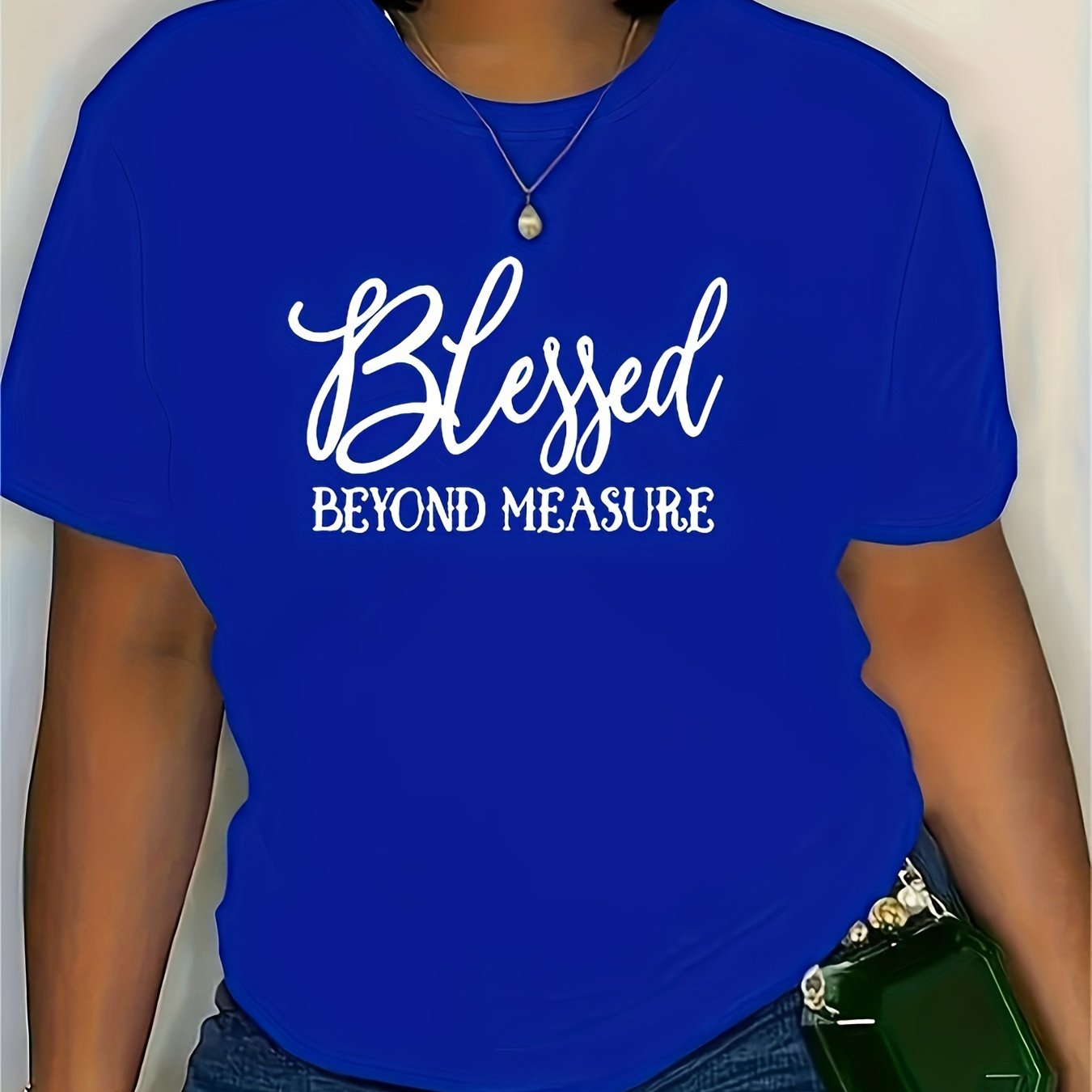 Plus Size Blessed Print T-shirt, Casual Short Sleeve Crew Neck Top For Spring & Summer, Women's Plus Size Clothing