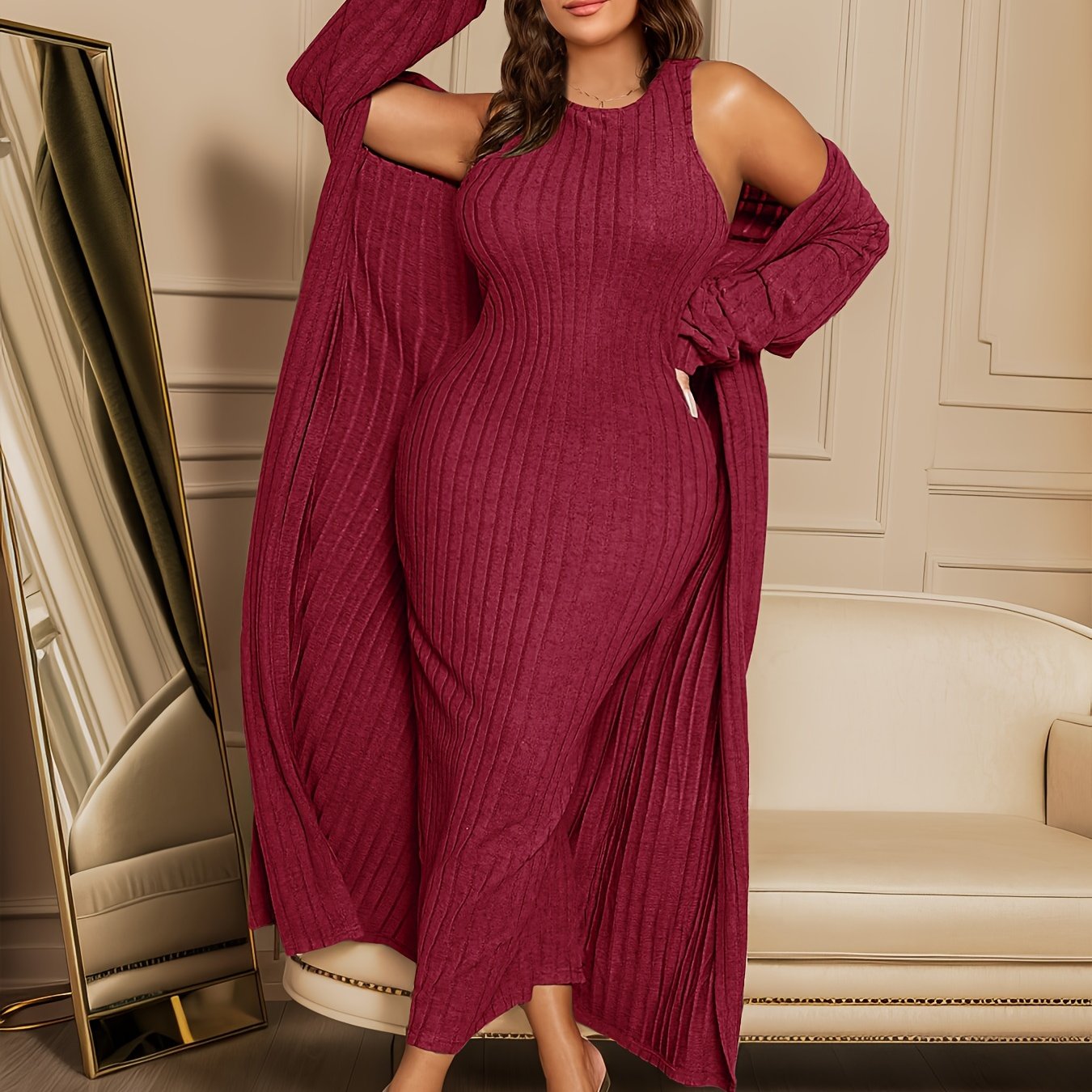 Plus Size Ribbed Chic Two-Piece Set - Long Sleeve Open Front Cardigan, Sleeveless Dress Outfits, Soft Stretchy Fabric, Flattering Fit, Women's Plus Size Clothing for Curvy Figures