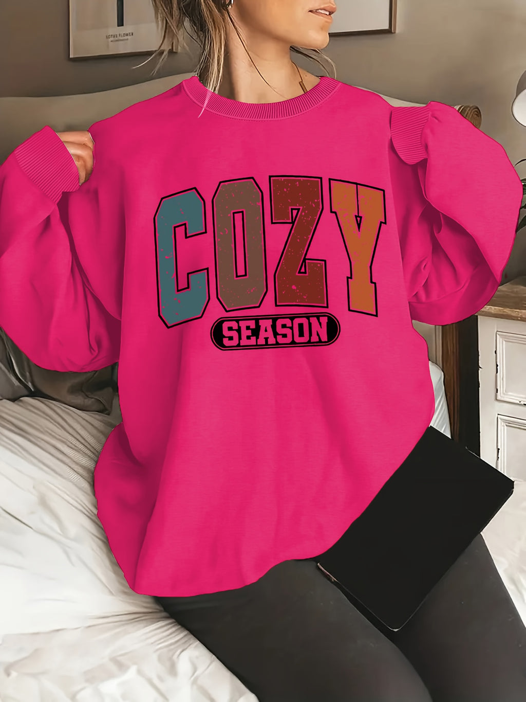 Plus Size Letter Print Sweatshirt, Casual Crew Neck Long Sleeve Pullover Sweatshirt, Women's Plus Size Clothing