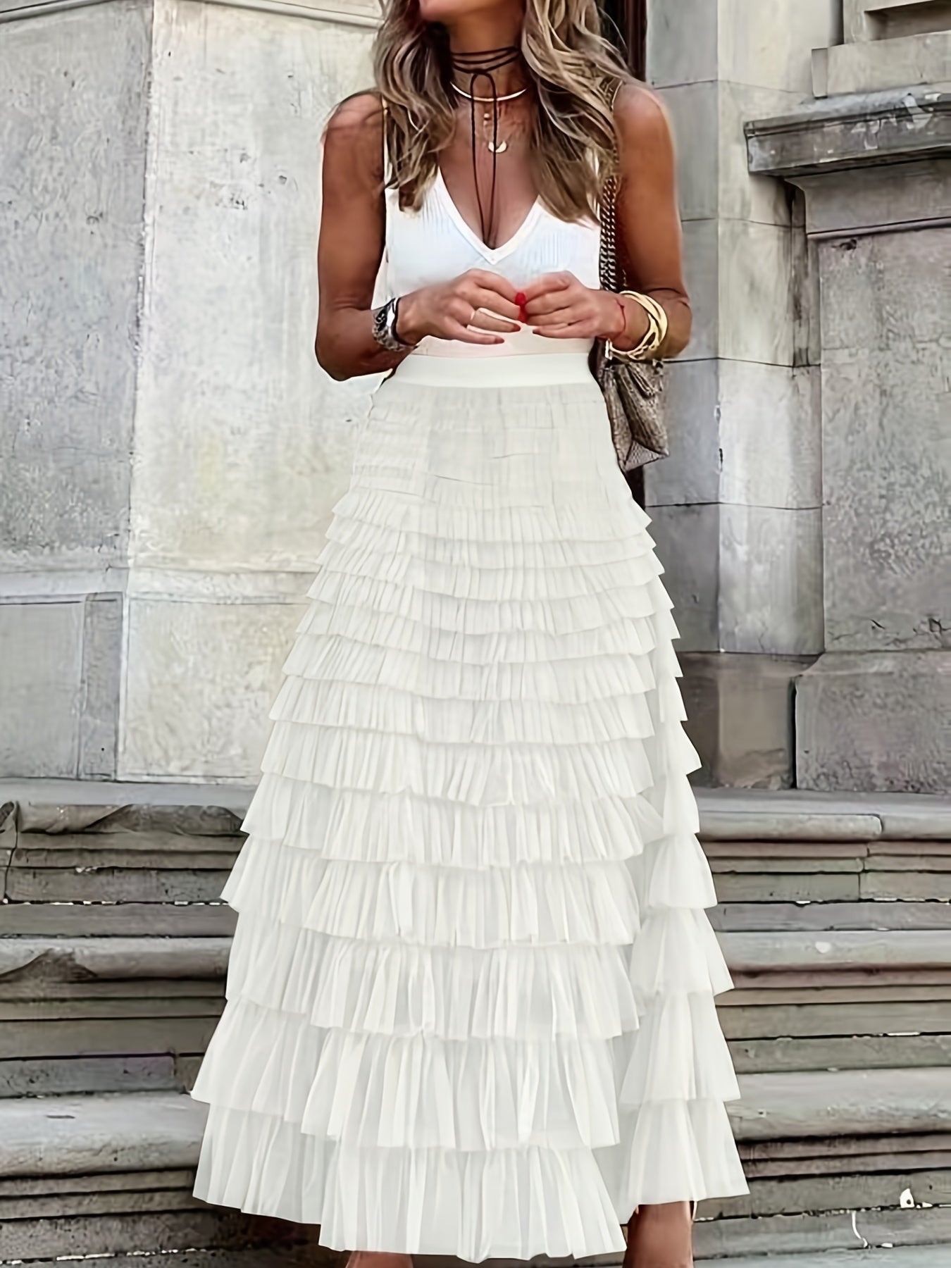 Mesh Layered Hem Skirt, Boho High Waist Skirt, Women's Clothing