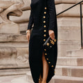 Women's Casual Long Sleeve Loose Maxi Dress - Viscose Smooth Fabric, 260g/m² Micro Elasticity | Asymmetric Buttoned Split-Joint Design | High Neck & Split-Side Detail