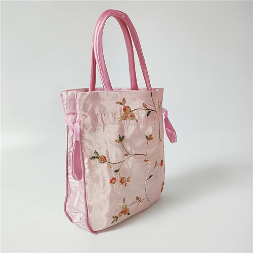 1pc Elegant Floral Clutch for Wo/Chic Drawstring Bucket Bag/Polyester Lining/Perfect for Coins & Phone/White & Pink/Cute Purse