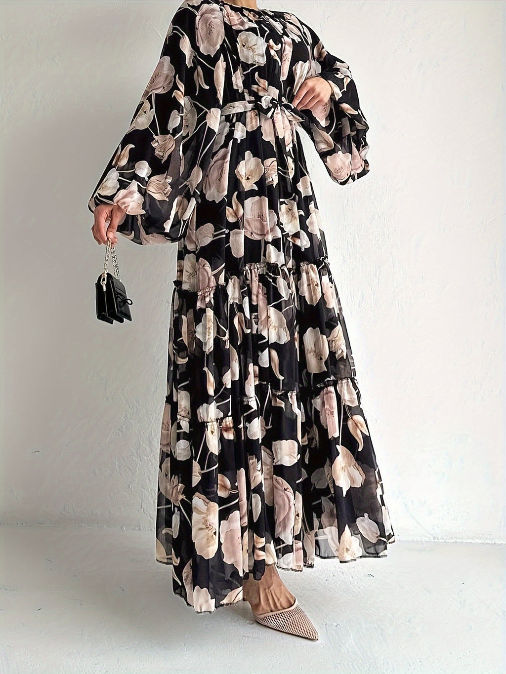 Flawless Floral Print Kaftan Maxi Dress - Flowy Crew Neck, Belted Waist, Luxurious Long Sleeves - A Stylish & Elegant Womens Clothing Choice for All Seasons