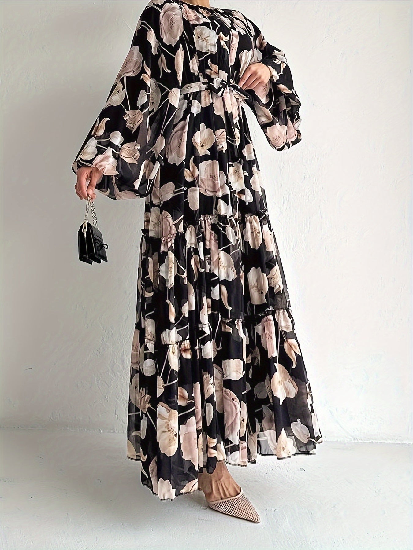 Flawless Floral Print Kaftan Maxi Dress - Flowy Crew Neck, Belted Waist, Luxurious Long Sleeves - A Stylish & Elegant Womens Clothing Choice for All Seasons