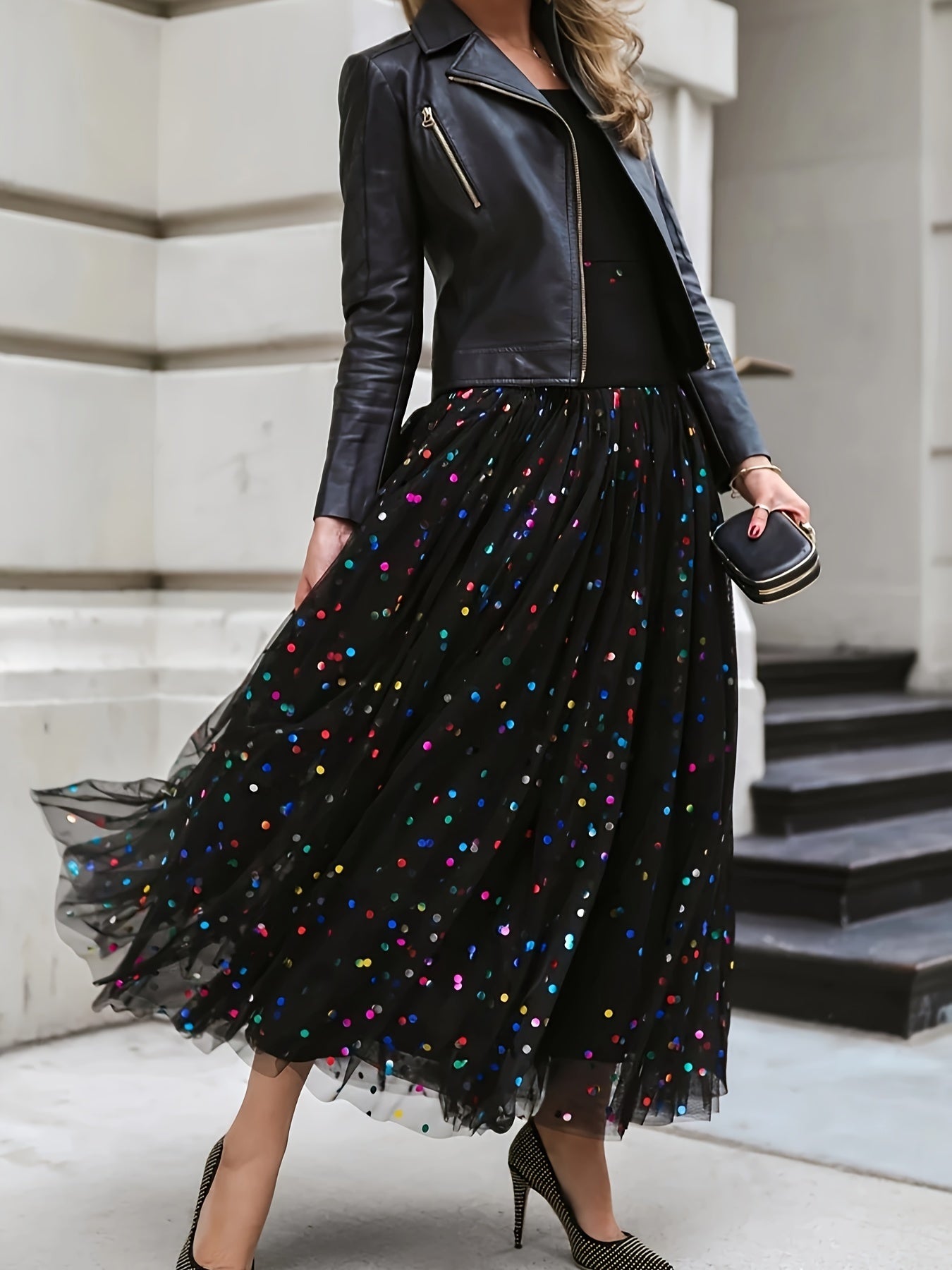 Plus Size Sequin Decor Mesh Skirt, Casual High Waist Pleated Midi Skirt, Women's Plus Size Clothing