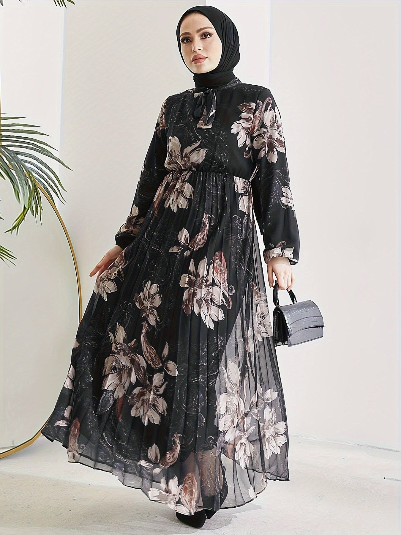 [Modest Kaftan Dress] Modest Long Sleeve Floral Print Kaftan Dress | Women's Pleated Flowy Maxi Dress, Clothing
