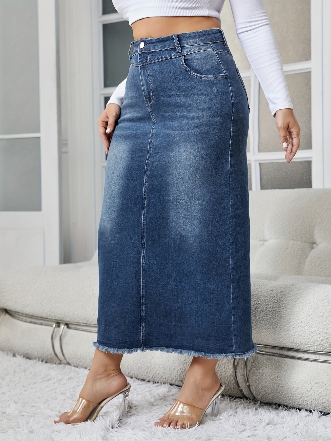 Women's Elegant Denim Skirt, Plus Size Washed Raw Trim Button Fly High Rise High Stretch Midi Denim Skirt