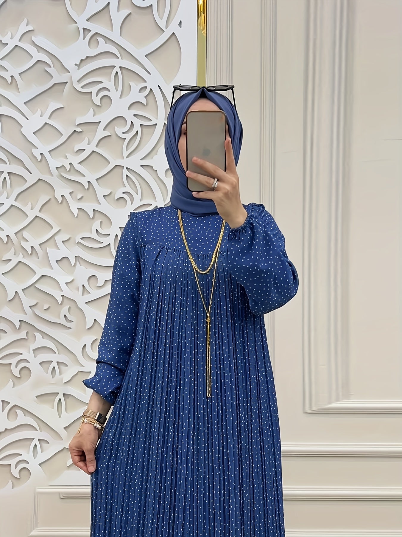 Stunning Polka Dot Maxi Dress - Elegant Crew Neck, Long Sleeve, Ruffle Hem, Keyhole Back, Modest, Polyester, Woven, Random Print, Middle East Style, All Seasons, Non-Sheer