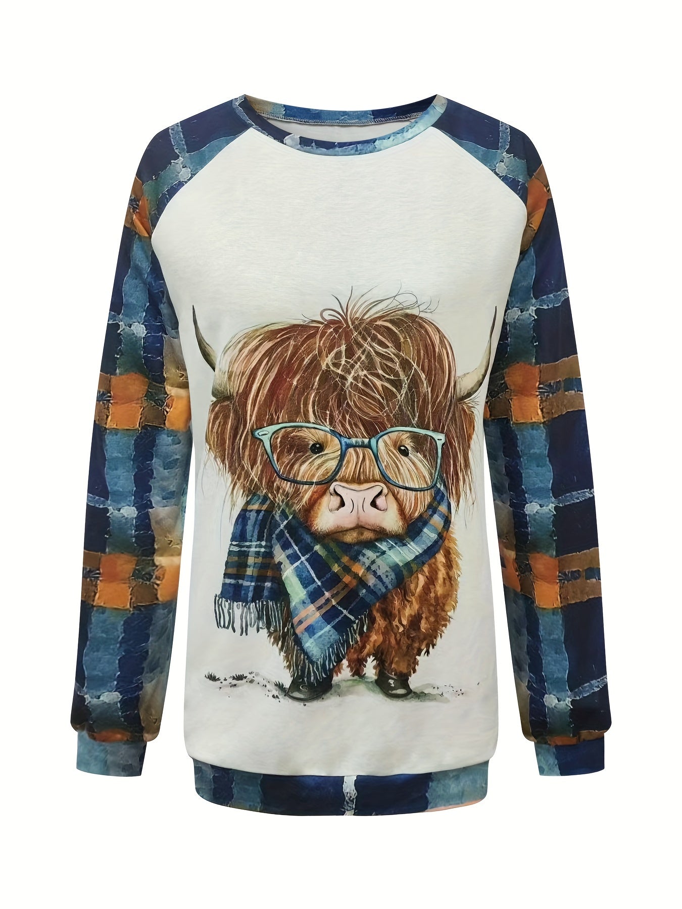 Plus Size Cattle Print Sweatshirt, Casual Long Sleeve Crew Neck Pullover Sweatshirt, Women's Plus Size Clothing