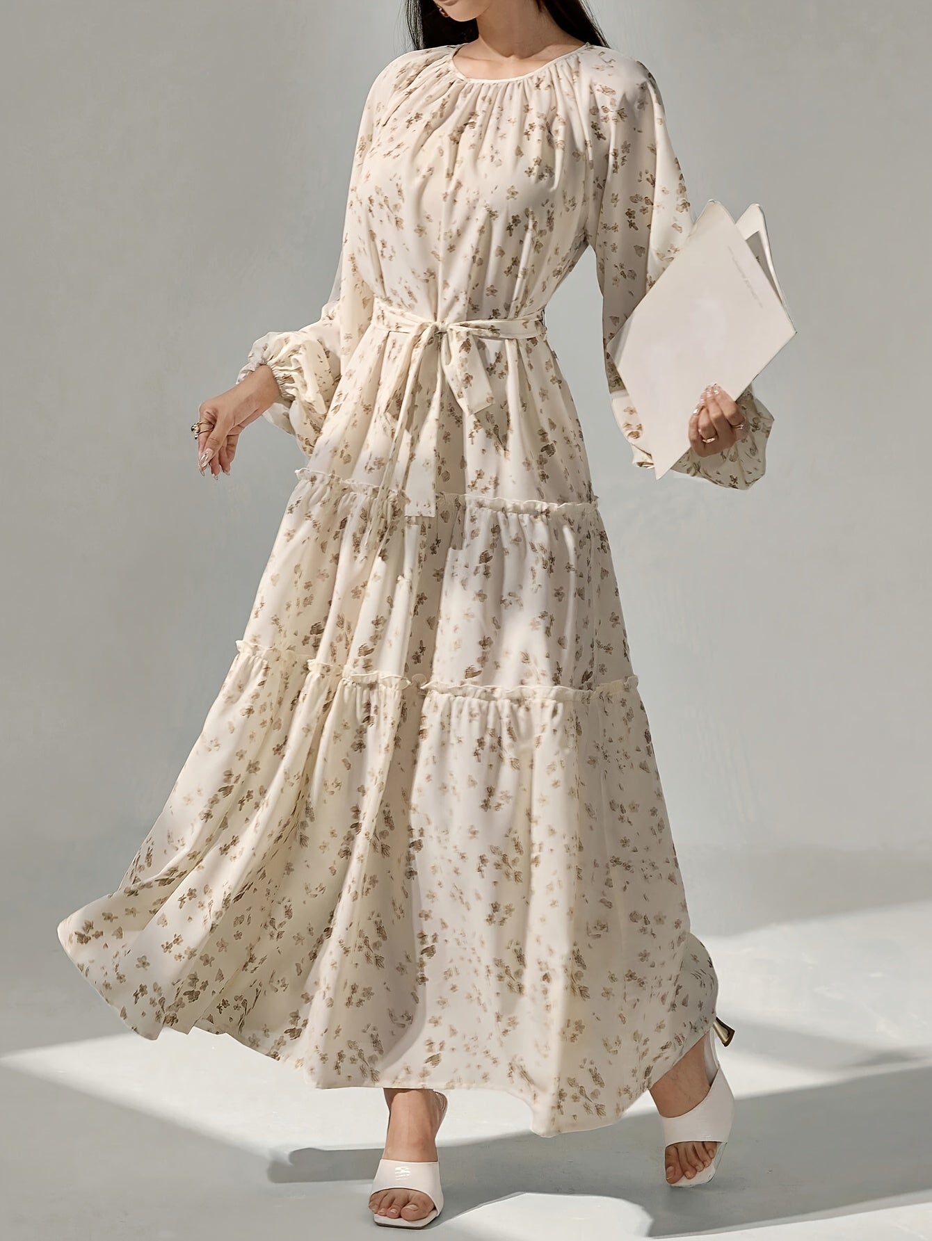 1pc Elegant Floral Print Long Sleeve Tiered Maxi Dress for Women - Polyester Crew Neck Pendulum Dress with Ditsy Flower Pattern, Woven Spring/Fall Casual Gown