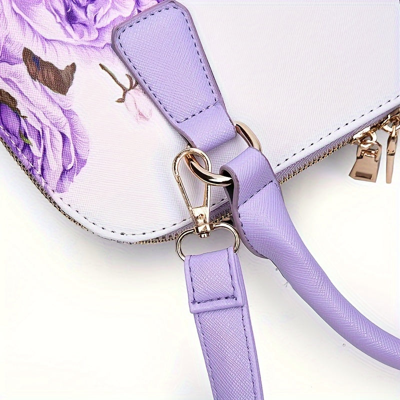 Stylish Floral Print Boston Bag - Spacious Top Handle Crossbody Handbag with Adjustable Shoulder Strap, Elegant Women's Fashion Purse for Daily Use