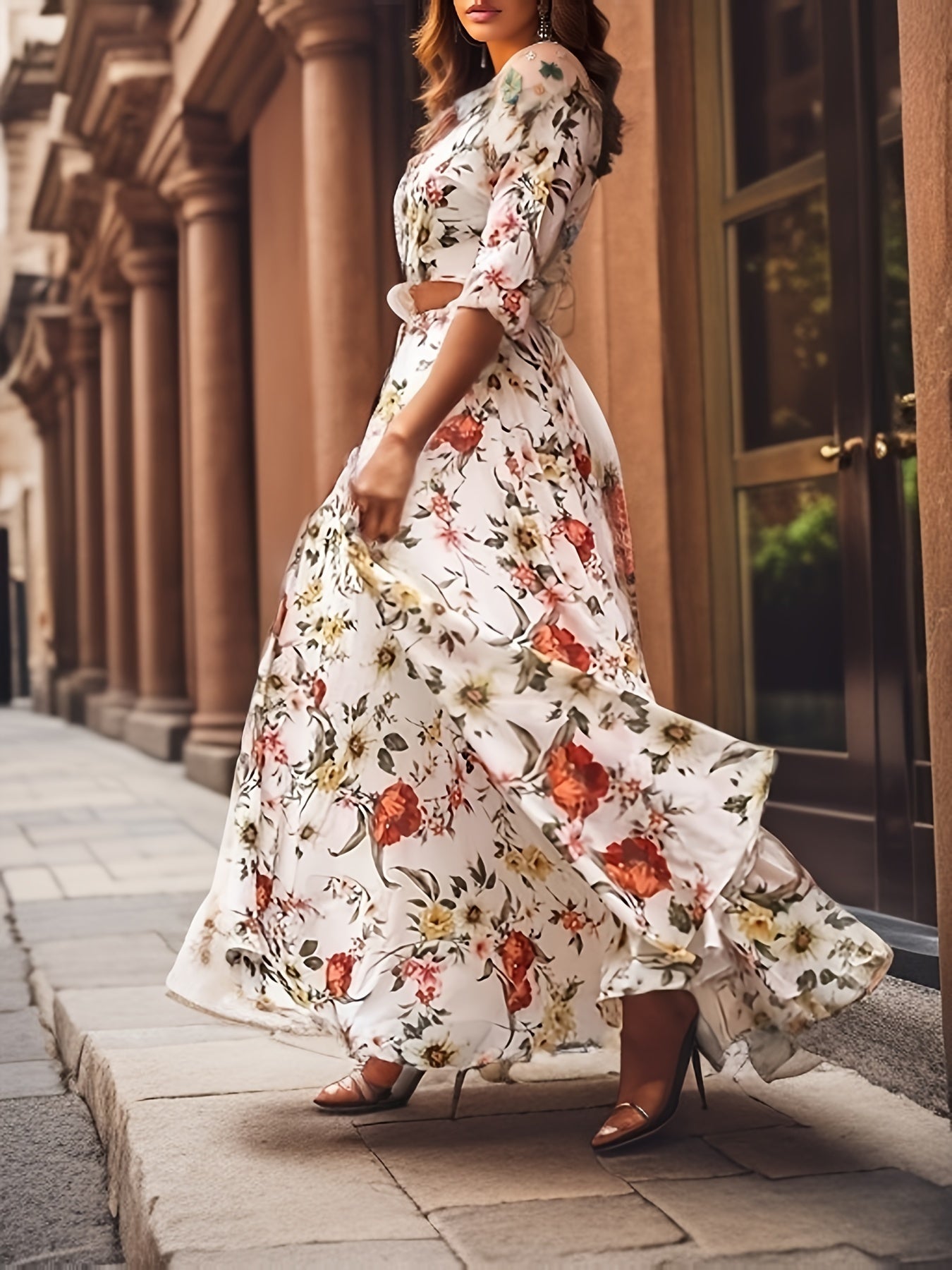 Elegant Women's Floral Print Maxi Dress with Swing Hem, 3/4 Sleeve, Polyester, Round Neck, Woven, All-Season, Middle East Specialty Collection - Adult