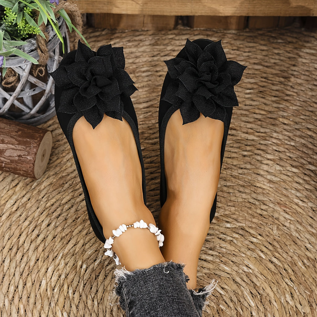 Elegant Women's Black Flats with Floral Accent - Casual Slip-On Mary Jane Style, Lightweight Canvas Upper & Faux Cover Insole, Versatile All-Season Footwear, Ladies Shoes Wide Width