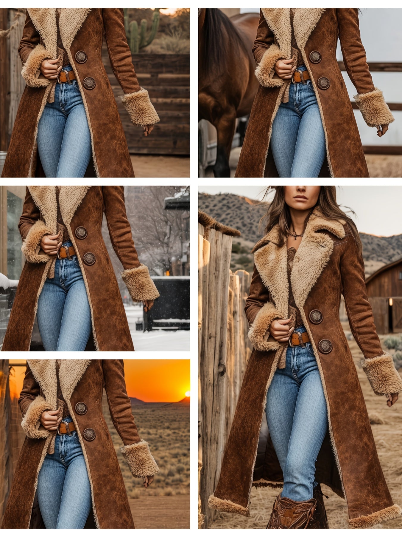 Women'S Western Vintage Plush Trench Coat - Long Winter Warm Coat with Single-Breasted Button Closure, Asymmetrical Hem & Raglan Sleeves, Soft Plush Fabric for Autumn and Winter, Rustic Brown Casual to Semi-Formal Outerwear (