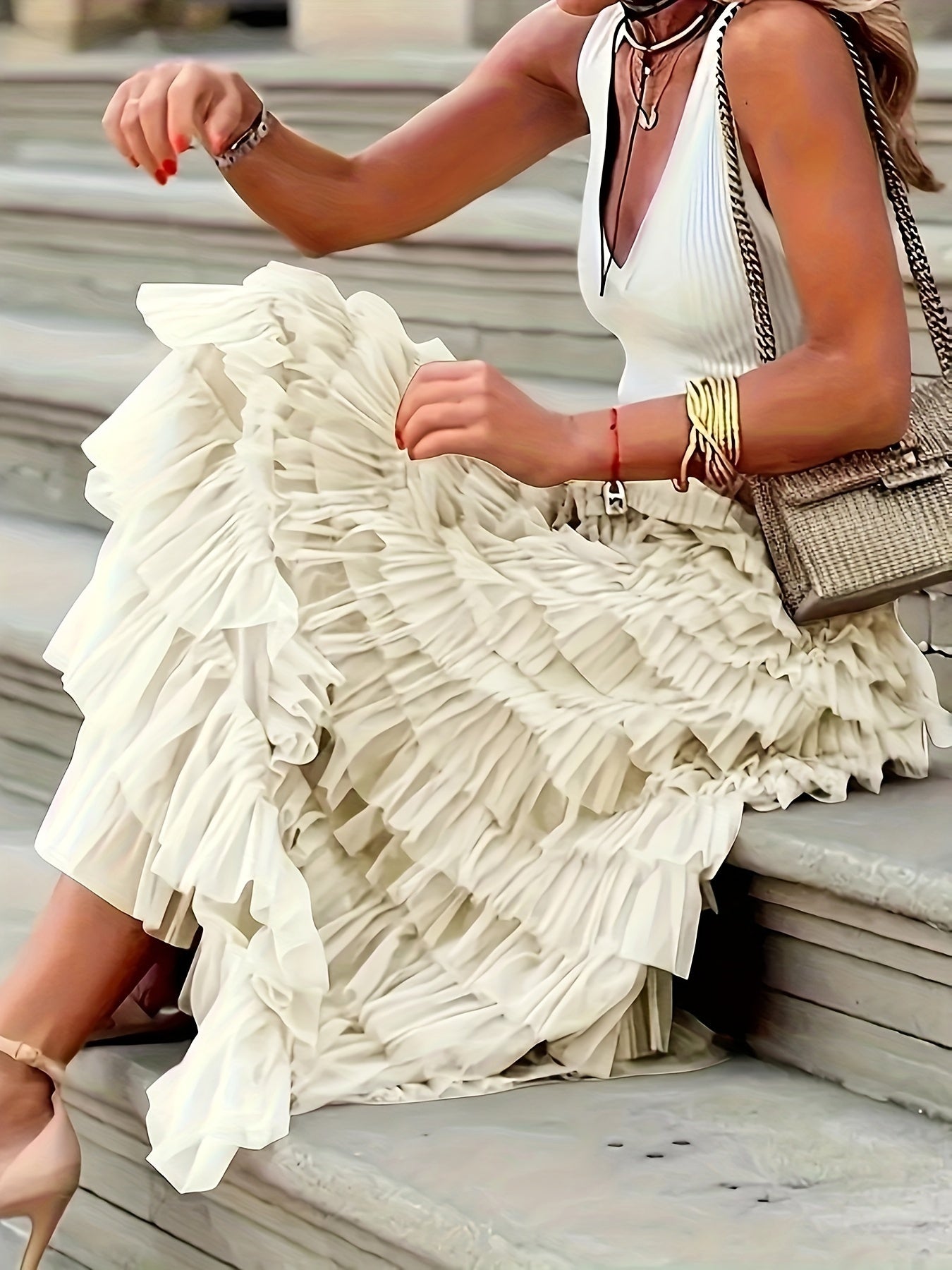 Mesh Layered Hem Skirt, Boho High Waist Skirt, Women's Clothing