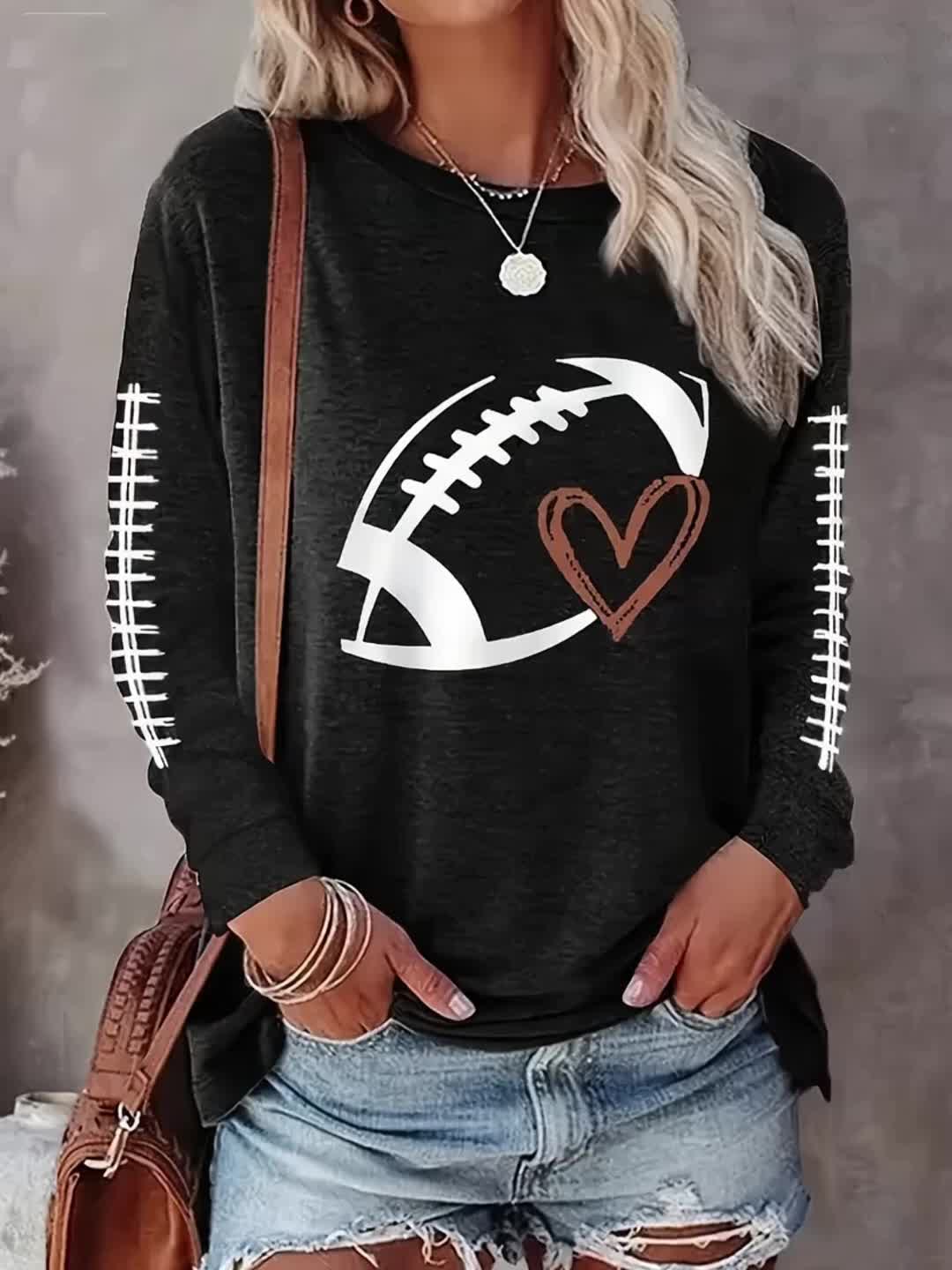Plus Size Football Print Crew Neck T-shirt, Casual Long Sleeve Top For Spring & Fall, Women's Plus Size Clothing