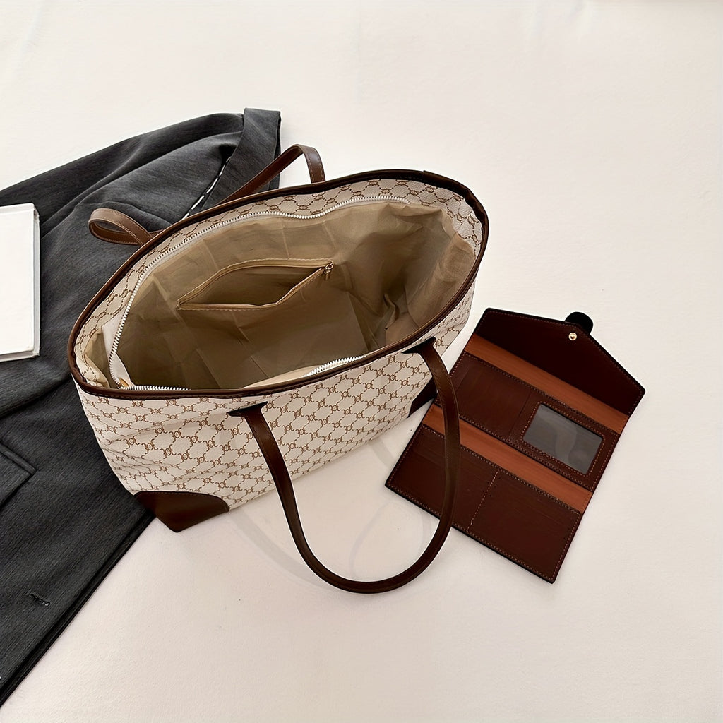 Classic Elegant Tote Shoulder Bag With Long Purse, Elegant Textured Women's Bags, New Year & Valentine's Day Gift