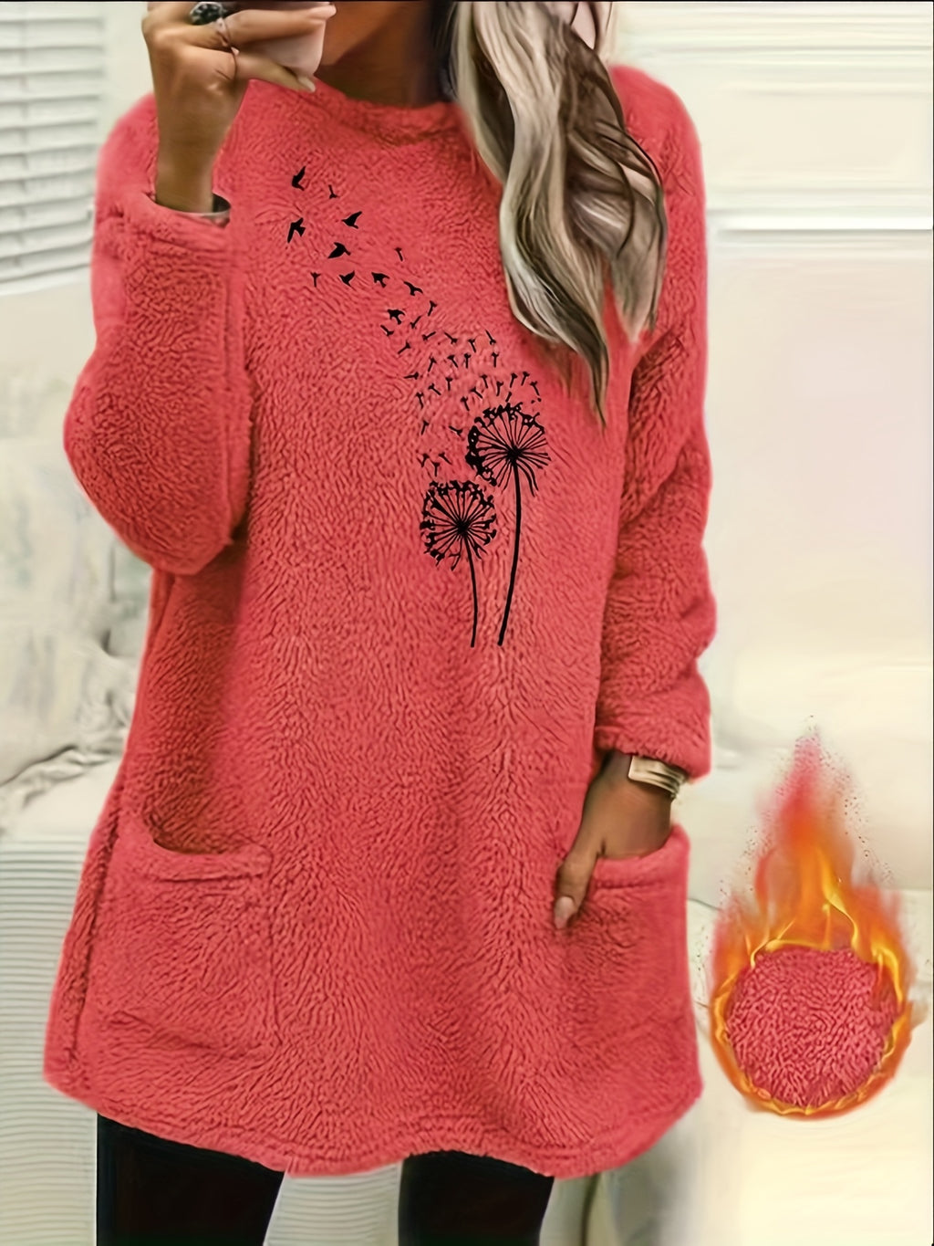 Women'S Cozy Fleece-Lined Long Sleeve Pullover Sweatshirt with Dandelion Print - Soft, Stretchy, and Casual Fall/Winter Wear, Orange, Round Neck, Regular Fit, Casual Wear|Dandelion Print Top|Stretchy Fabric, Women Jumper And