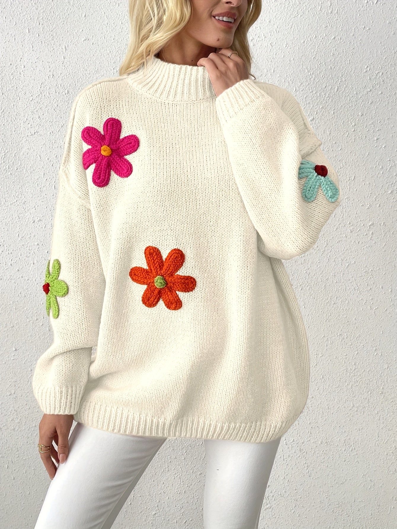 Plus Size Floral Applique Knit Sweater, Casual Long Sleeve High Neck Top For Fall & Winter, Women's Plus Size Clothing